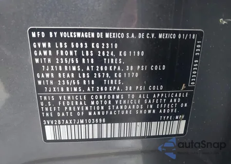 2018 Volkswagen Tiguan 2.0T Se/2.0T Sel from USA, damaged, VIN 3VV2B7AX7JM103696